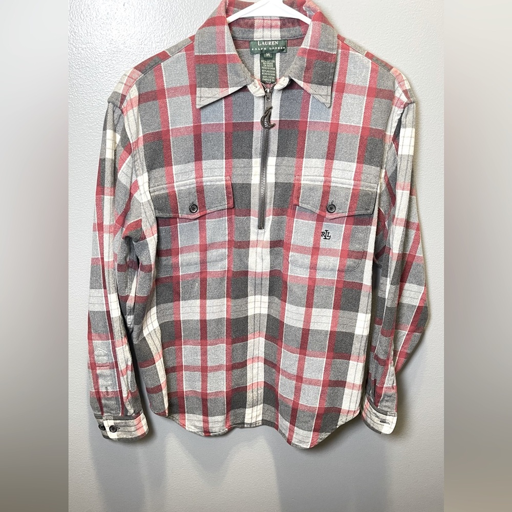 Lauren Ralph Lauren Women's Plaid‎ Flannel Gray Red Pullover 1/4 Zip Size Medium